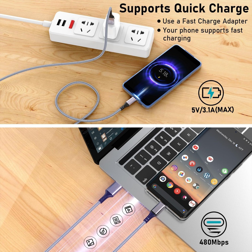 2 Pack 16Ft Extra Long USB Type-C Charging Cable for PS5 Nintendo Galaxy