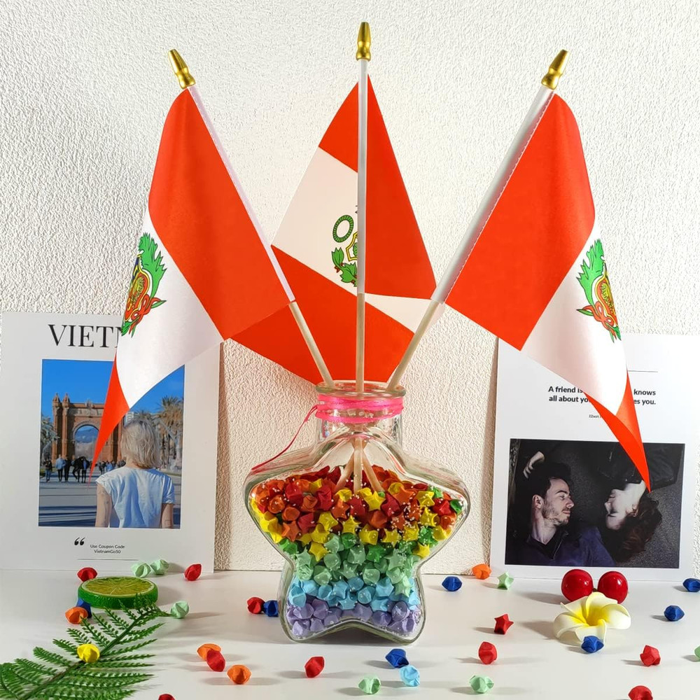 Peru Small Flag Peruvian Stick Mini Hand Held Flags - Solid Wooden Pole with Spe