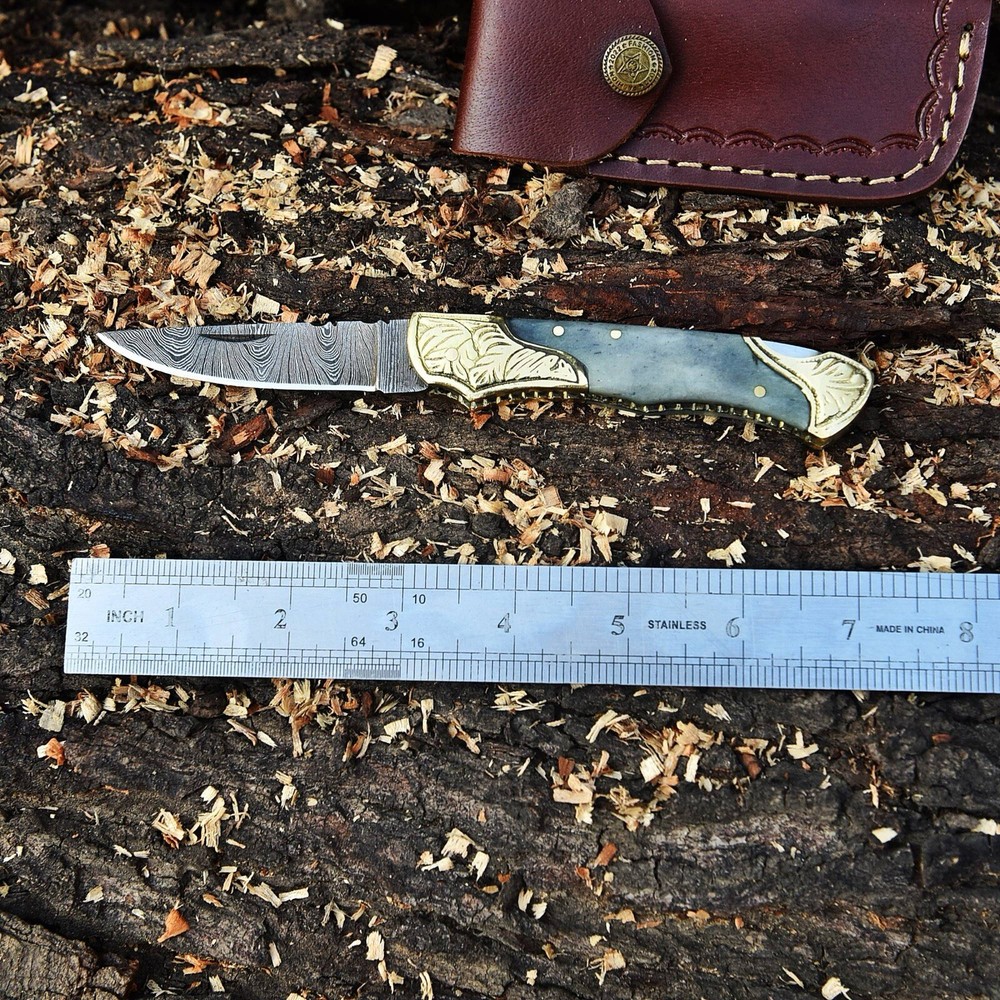 Damascus Folding Blade Pocket Knife Original Camel Bone Handle Engraved Brass