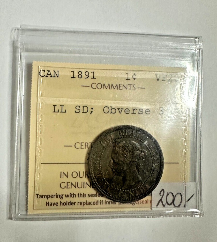 Canada 1891 1 Cent VF20 LL SD; Obverse 3 ICCS Certified
