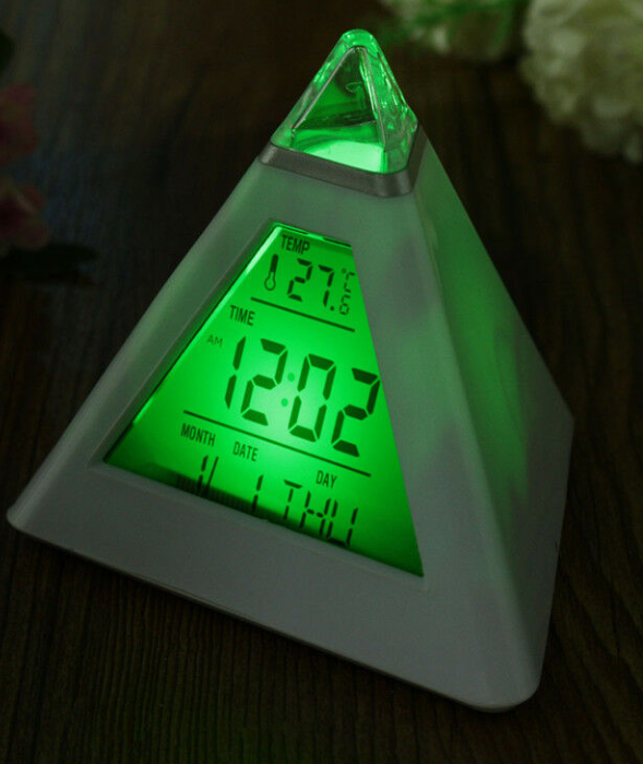 Alarm Clock Pyramid 7 LED Color Changing Timer Night Light Temperature Date