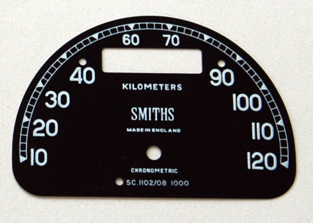 Smiths original 120 km/h D shape chronometric speedometer dial