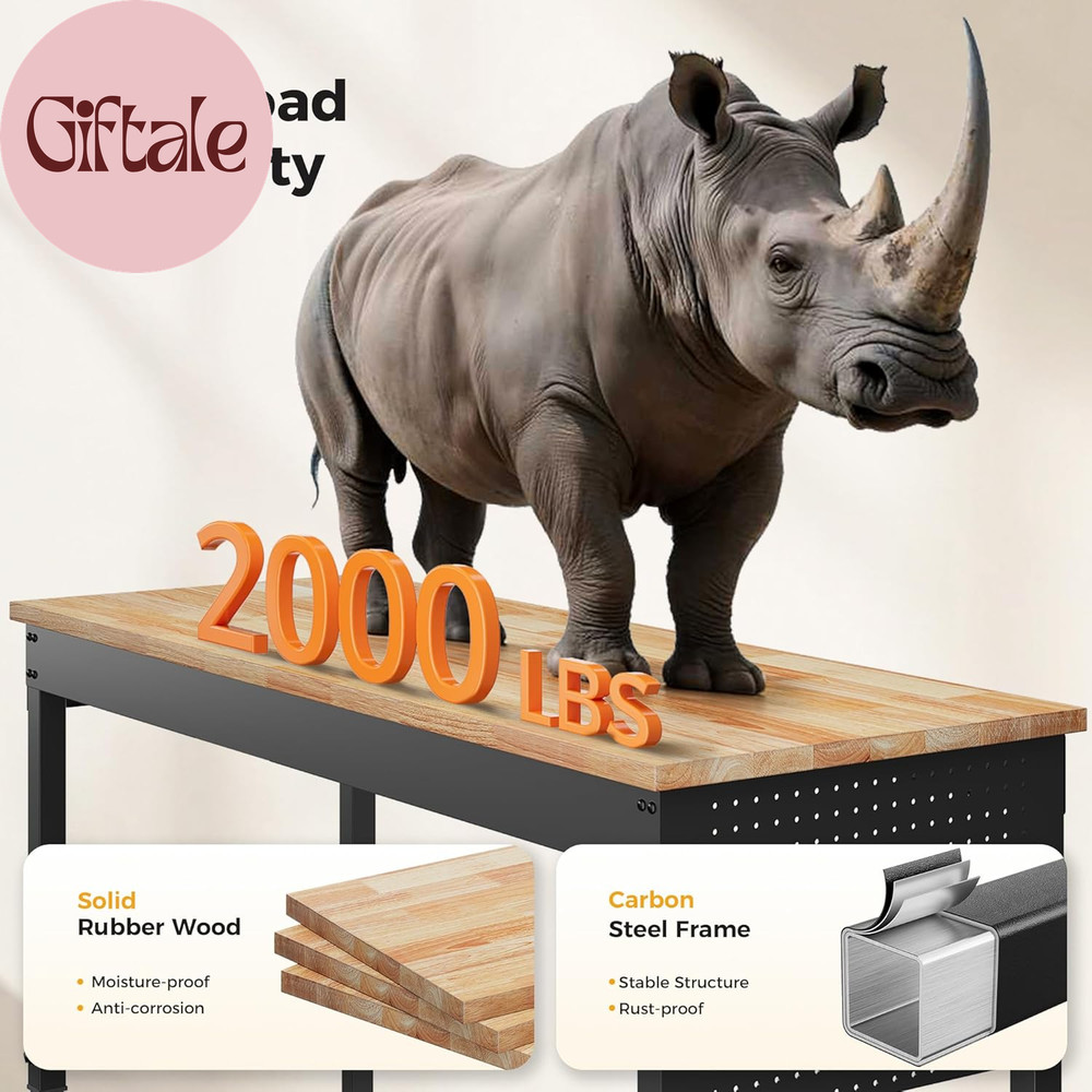 60" Adjustable Heavy Duty Workbench, 2000 LBS Load Capacity Rubber Wood Work Tab