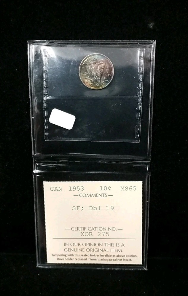 1953 CANADA - 10 CENTS SILVER - Shoulder Fold ICCS Graded MS 65 - Massive Toning