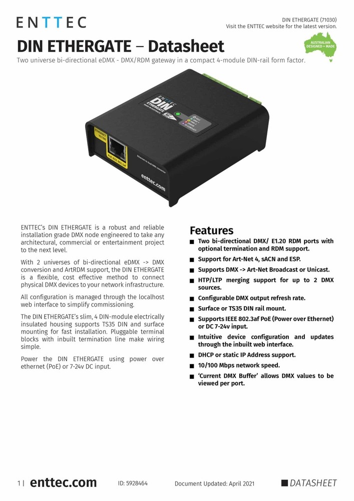 Enttec Ethergate 71030, 2U DIN Rail Ethernet to Dual DMX / RDM (Open Box)