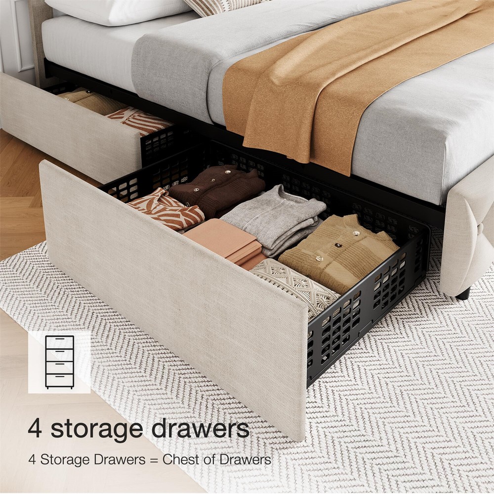 Full Size Bed Frame with 4 Storage Drawers and Headboard Upholstered Platform