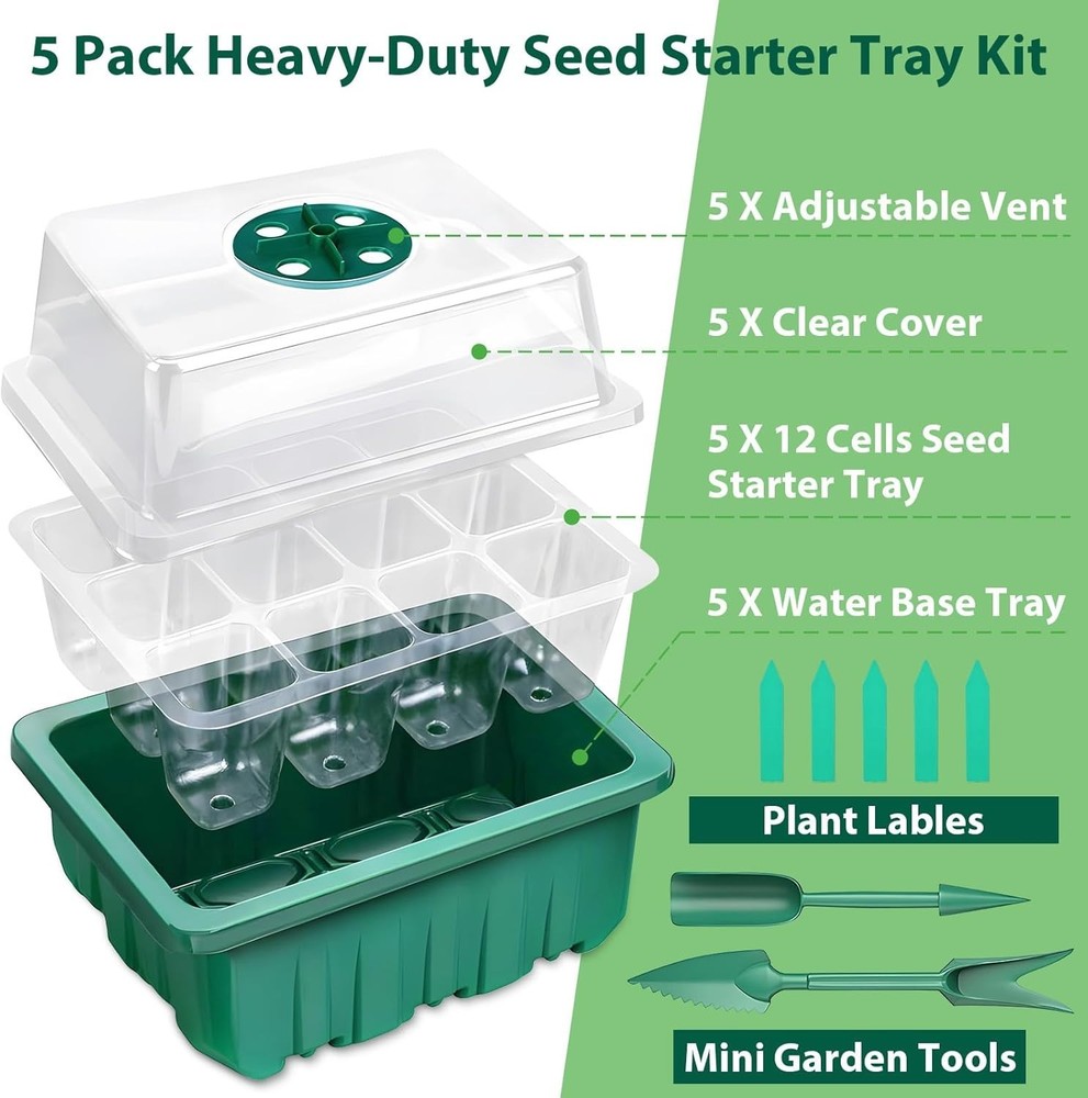 5 Pack Seed Starter Tray Kit, 60 Cells Seedling Starter Trays with Humidity D...