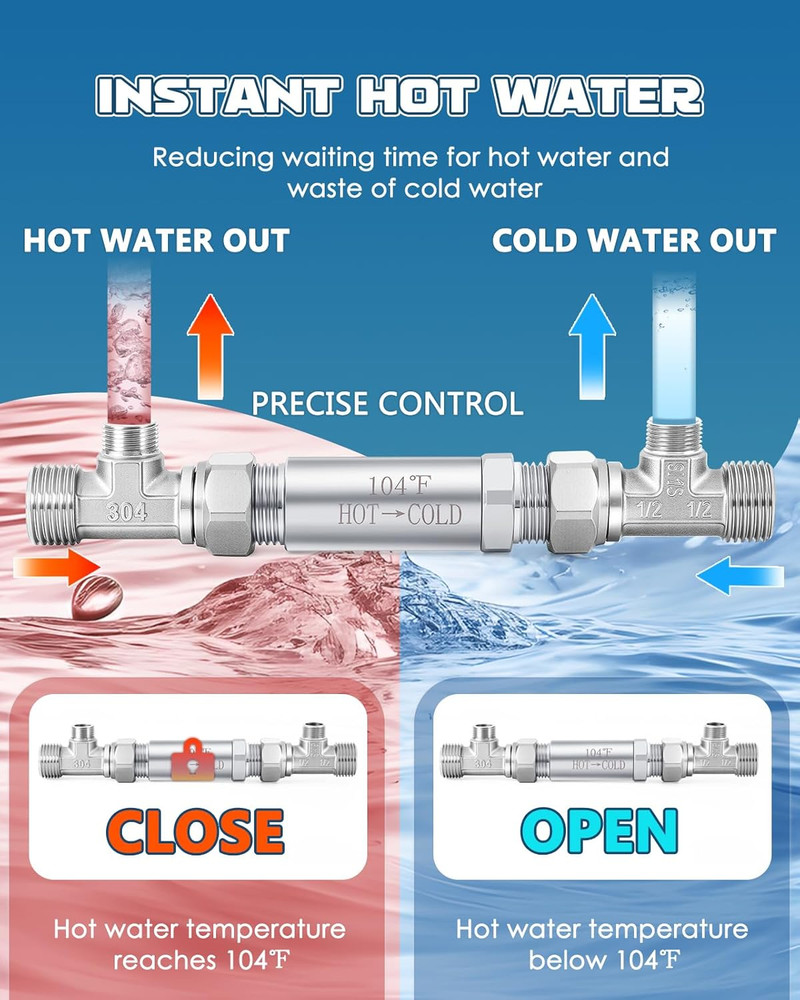 Upgraded Bypass Sensor Valve Kit for Instant Hot Water Recirculating System 304