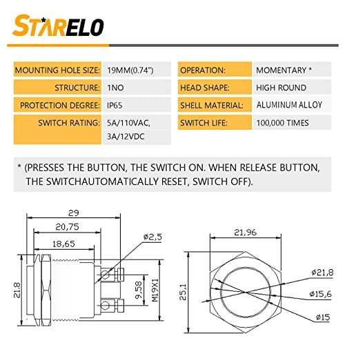 5pcs 19mm Momentary Push Button Switch Black Shell, IP65 19mm Black Shell