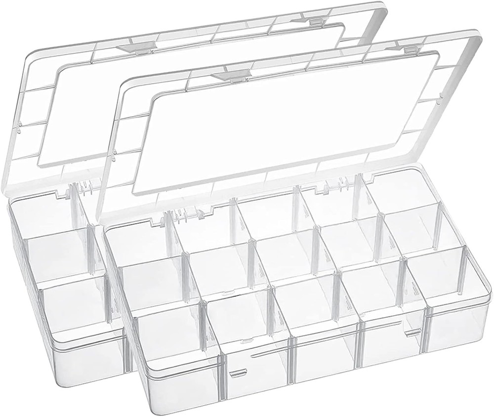 15 Large Grids Plastic Organizer Box with Dividers, 2 Pack Clear Compartment ...