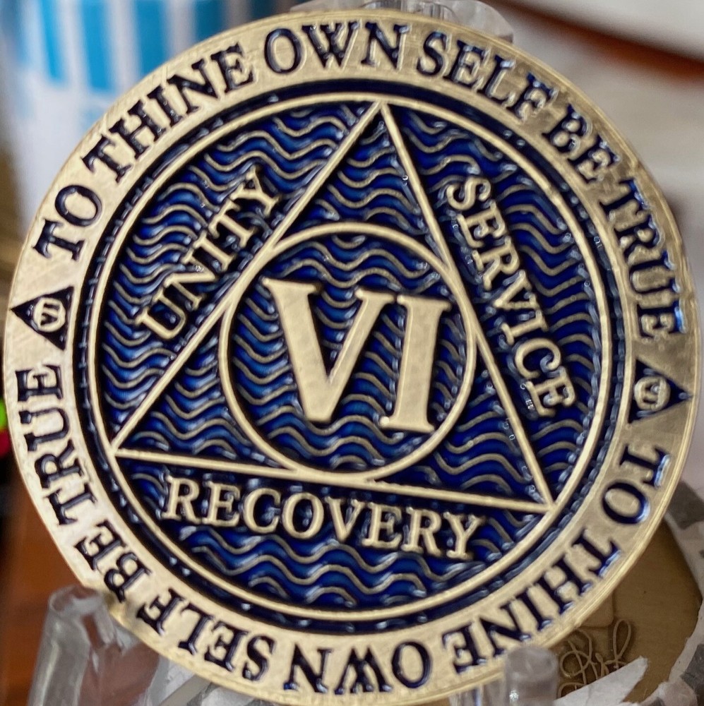 6 Year AA Medallion Antique Reflex Blue Sobriety Chip