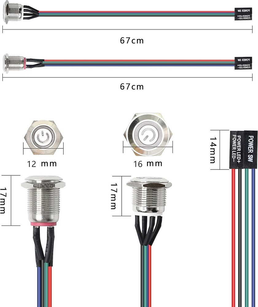 XMSJSIY Chassis Switch Host Metal Button, Computer Cable PC 12mm