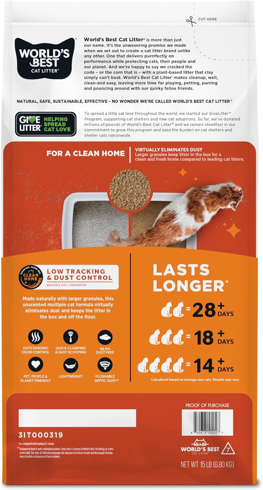 WORLD'S BEST CAT LITTER Low Tracking & Dust Control Multiple Cat Unscented