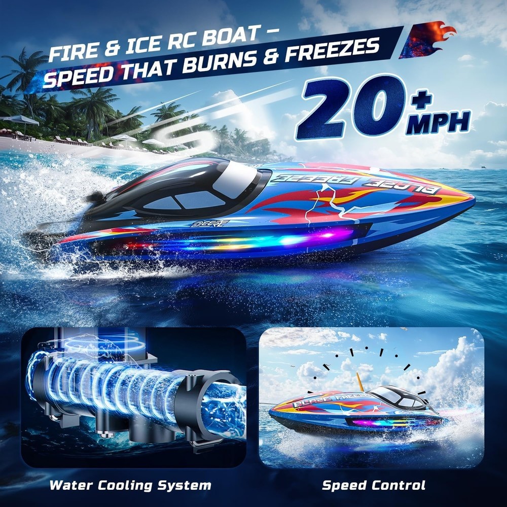 Remote Control Boat, 20+MPH, 7 LED Modes, 40 Min, Self-Righting Feature