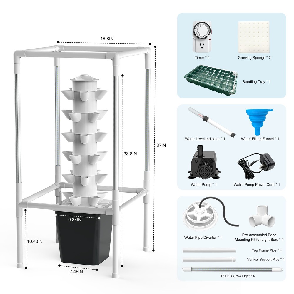Vertical Hydroponic Tower System 6-Tier 30-Pod Grow Light Timer Indoor Growing