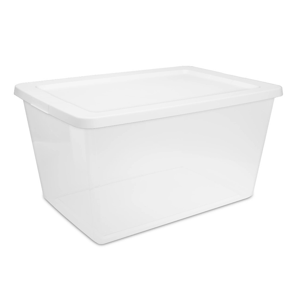 58 Quart Clear Plastic Storage Bin with Snap-On White Lid 2-Pack