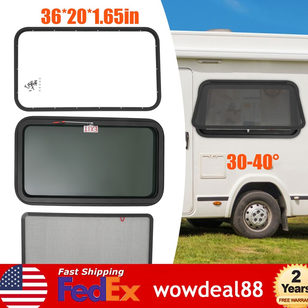 36" x 20" RV Exit Window with Trim Ring & Screen for Campers and Trailers