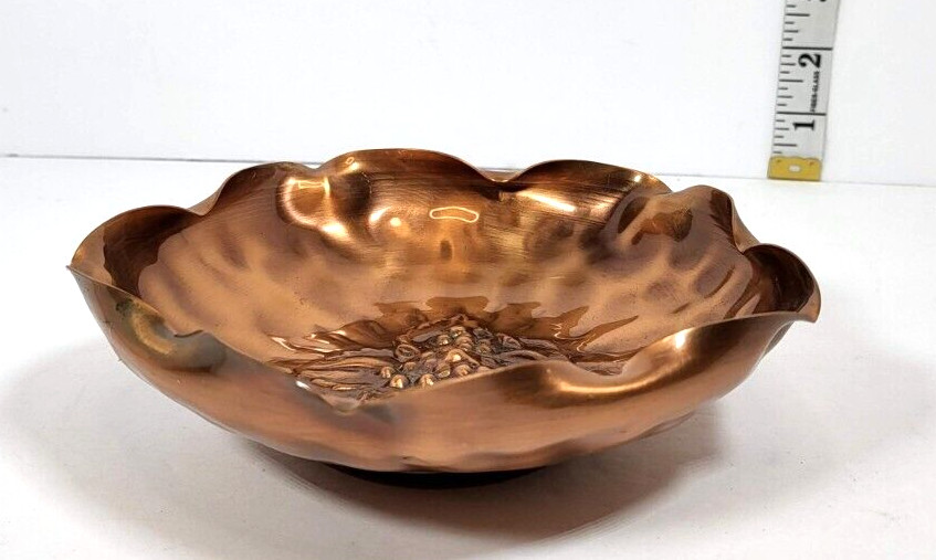 Solid Copper Dish Vintage Grape Design Candy Dish Made in USA Signed