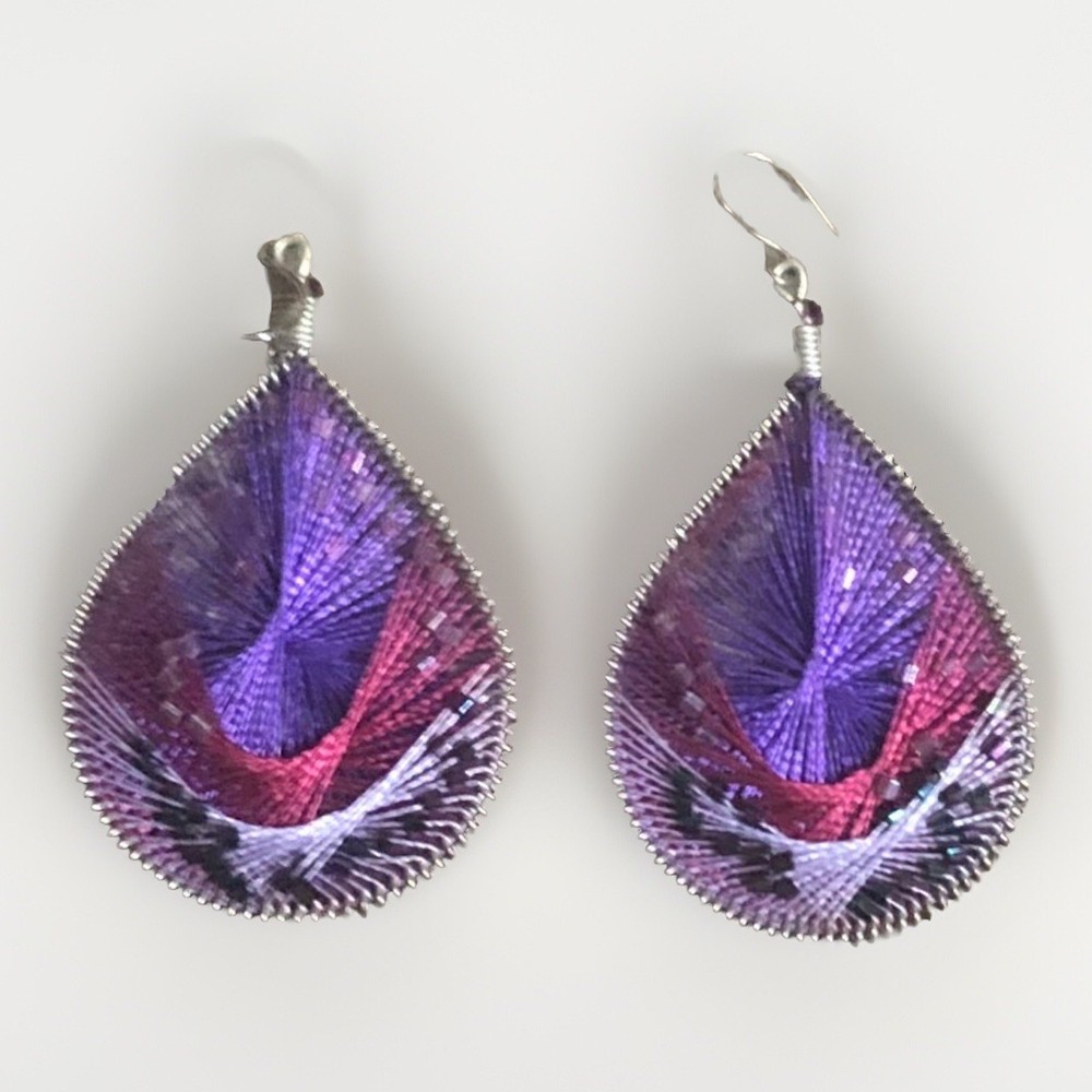 Large Silk Thread Teardrop Earring Purple Handmade Peruvian Boho