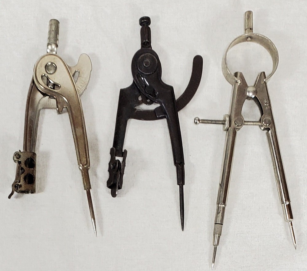 3 Vintage Technical Drafting Compass & Bow Compass Lot - Metal Drafting Tools