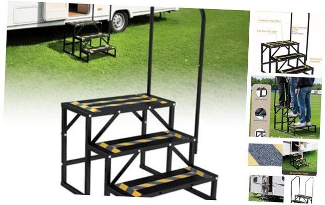 RV Steps with Handrail Heavy-Duty 3 Step Camper Entry Step Stairs for 3-Step