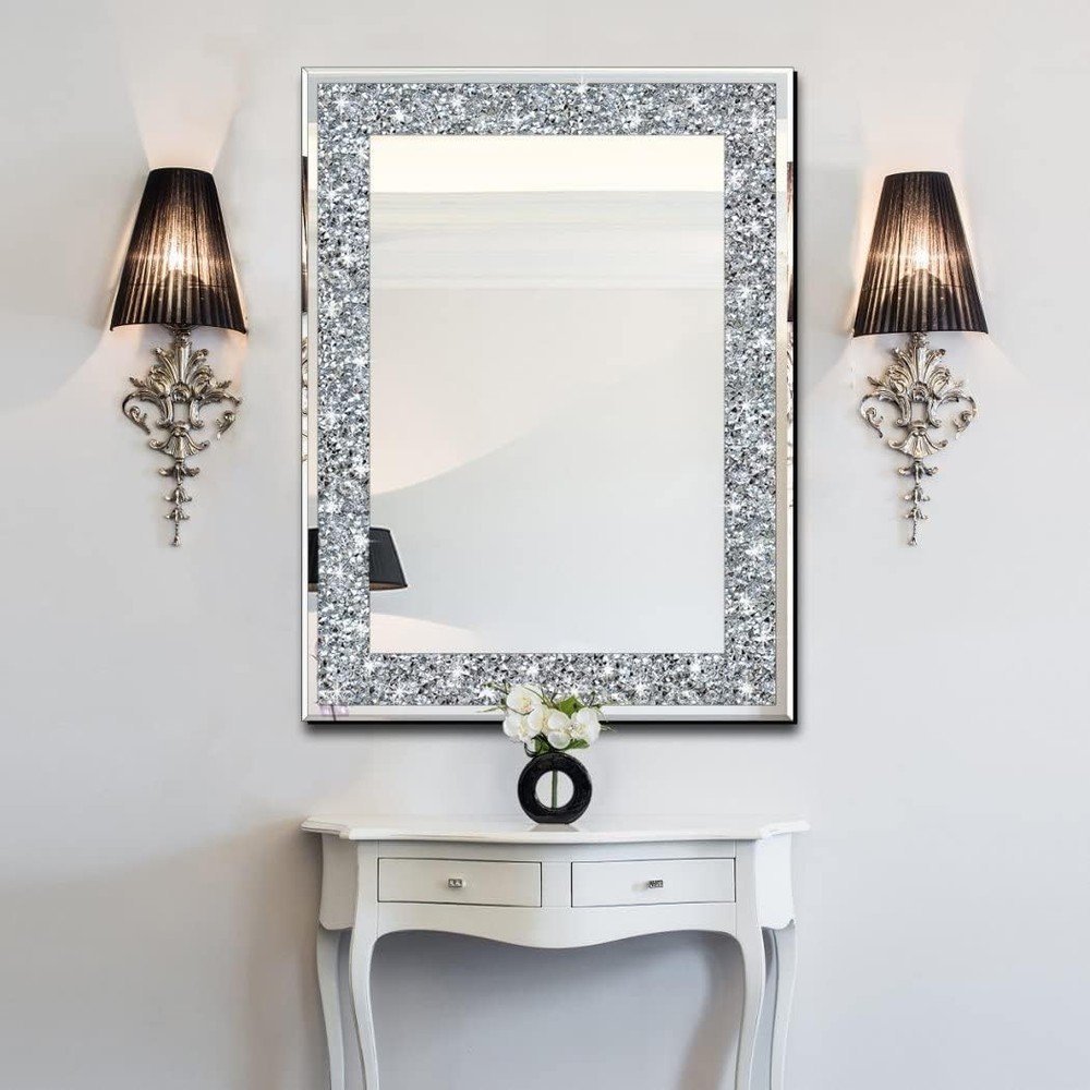 Crystal Crush Diamond Rectangle Silver Mirror Wall Decoration 24x32inch Wall
