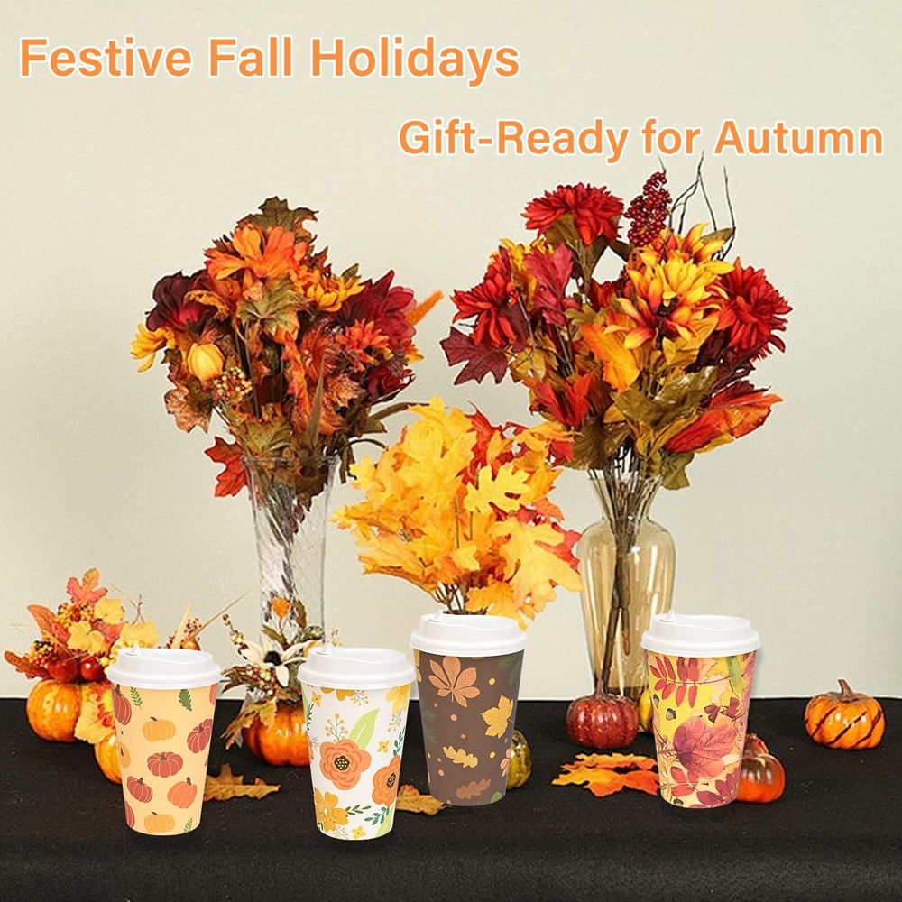80 Pack 12oz Fall Coffee Cups w/ Lids - Autumn Pumpkin & Maple Leaf Disposable