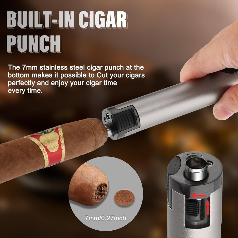 Cigar Lighter Butane Single Jet Flame - Built in Holder, Punch & Draw (2 Pack)