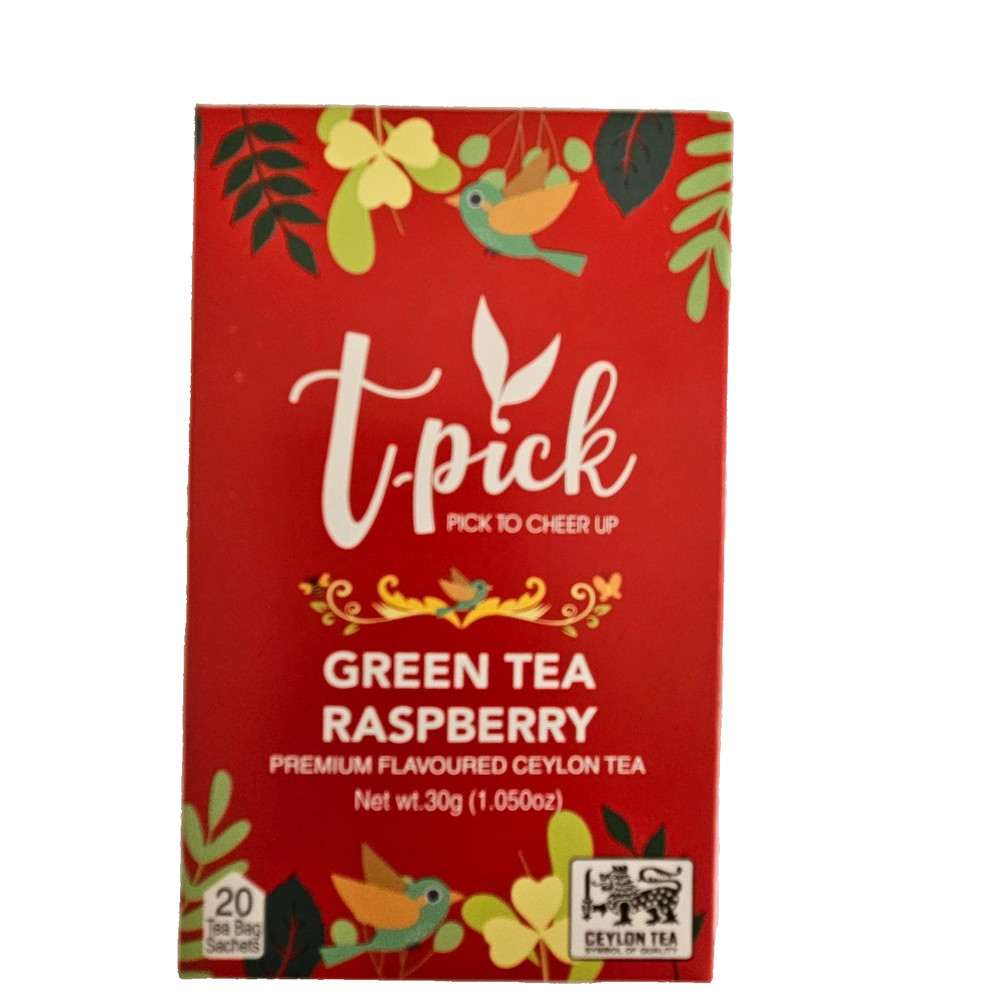 T-Pick Green Tea Raspberry Flavored Ceylon 2 Boxes 40 Sachets BB 3/22/28