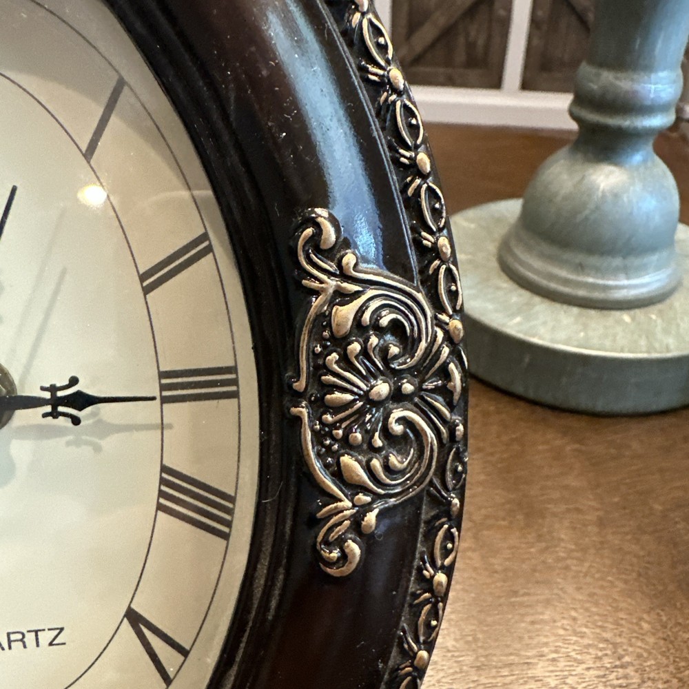 Rustic Quartz Shelf Decorative Clock Battery Operated Brown Scroll Elegant