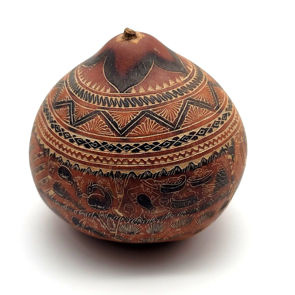 Vintage Peruvian Ornate Hand Carved Gourd
