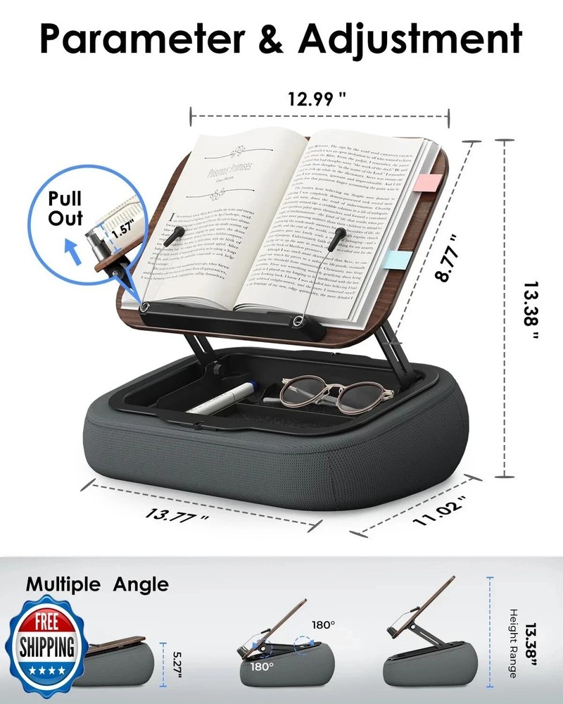 Lap Book Pillow Stand with Storage, Adjustable Beanbag Reading Pillow ...