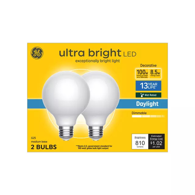 GE Ultra Bright LED 100 Watt Replacement, Daylight, G25 Vanity - 2 Globe Bulbs