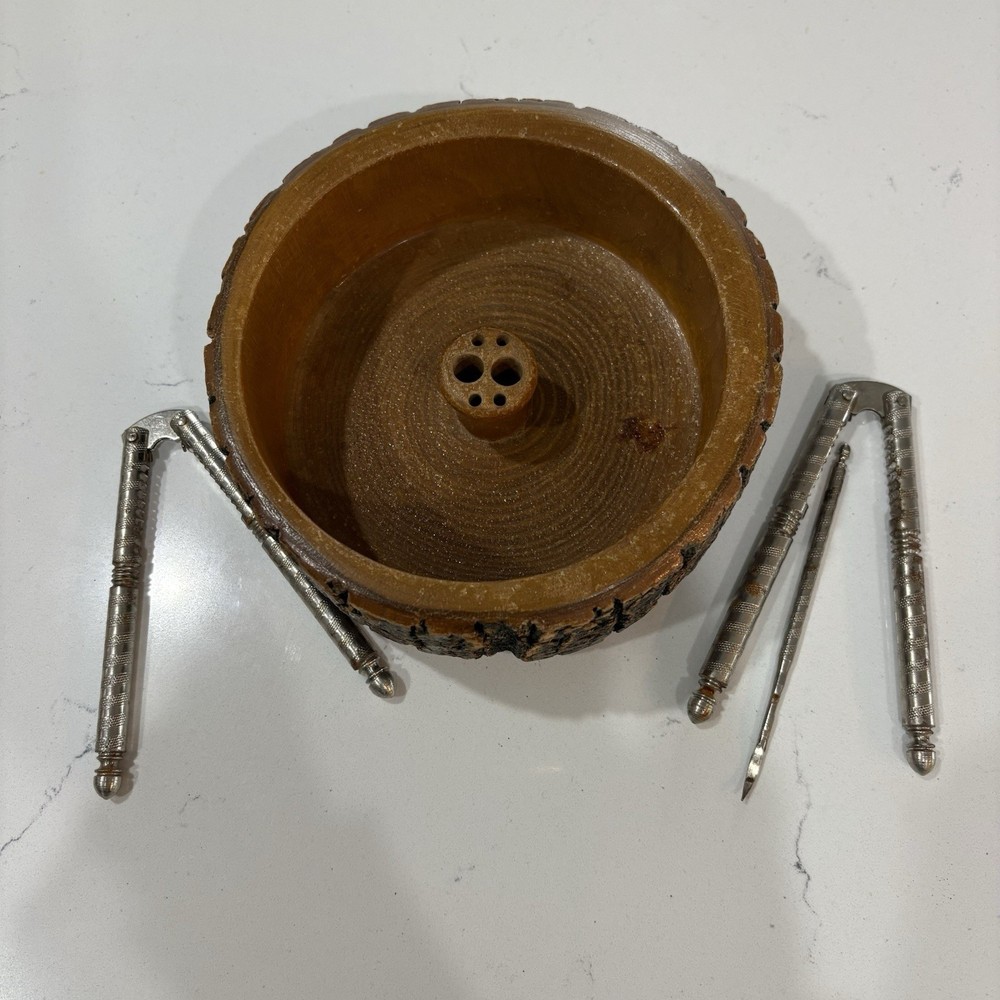 Bark Edge Wood Nut Bowl Set Nutcracker Tools Barware Vintage Mid-Century Rustic