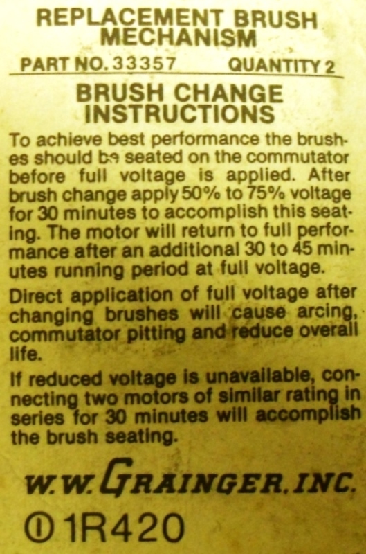 GRAINGER REPLACEMENT BRUSH MECHANISM PART #33357