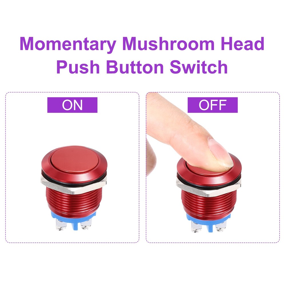 3/4" Momentary Push Button Switch Flat Head Red Shell With Screw Foot, 2Pcs