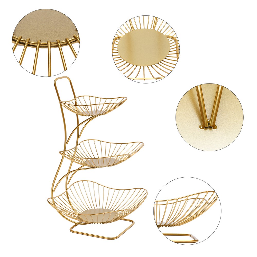 3-Tier Fruit Basket Bowl, Gold Metal Kitchen Storage Rack for Vegetables, 44.6CM