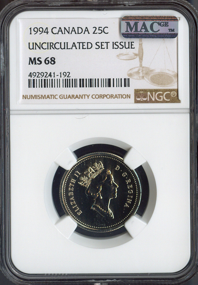 1994 Canada 25 Cents 25c NGC MS68 MAC Quality