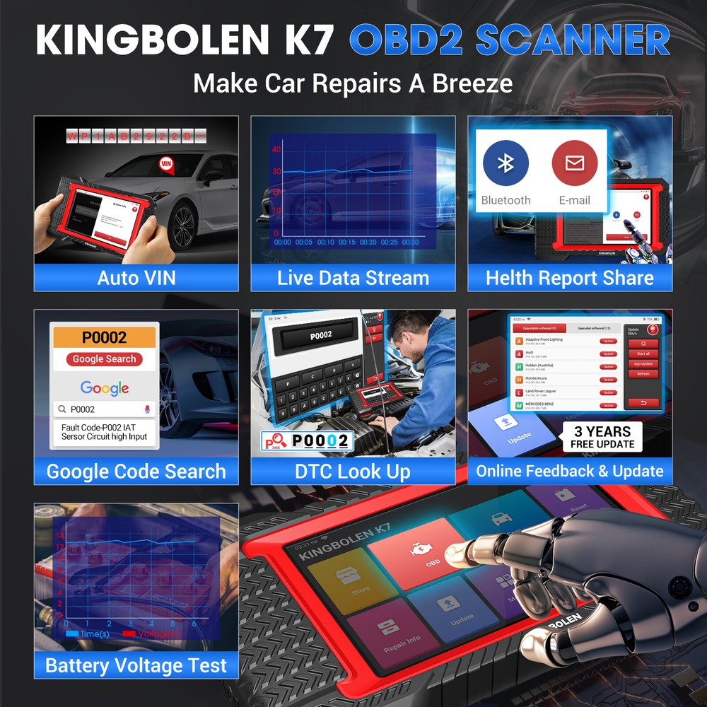 KINGBOLEN K7 Car OBD2 Scanner All System Diagnostic Tool ECU Coding IMMO Reader