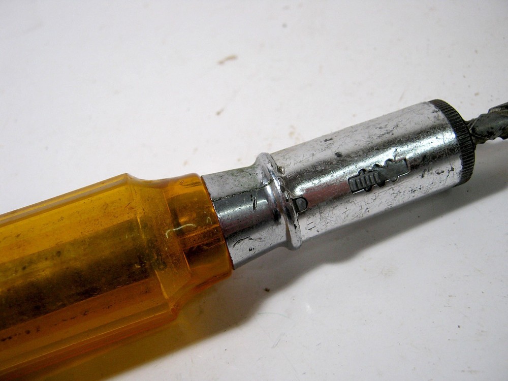 Vintage Yellow Handle Push Drill Screwdriver w 3 Bits Hand Tools Woodworking