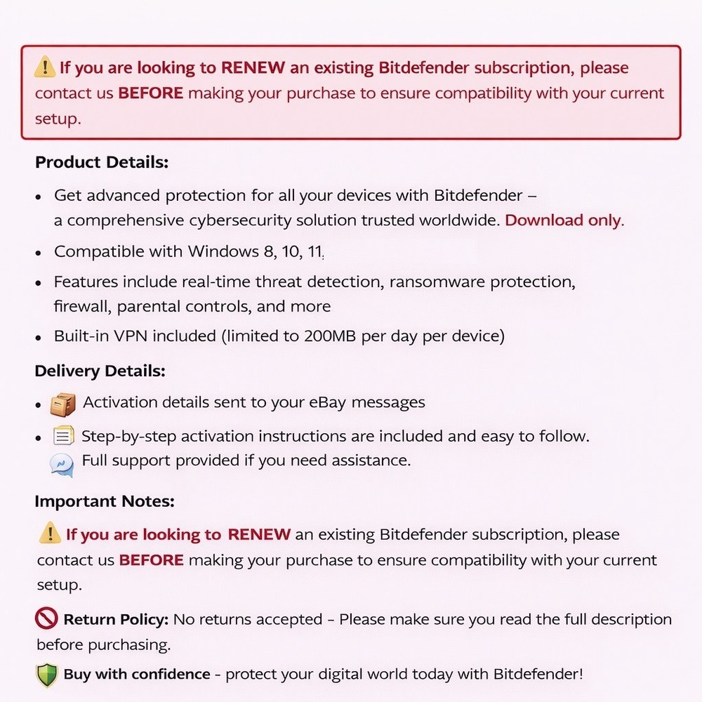 Bitdefender Internet Security - 1 Year 1 Windows Device + Daily VPN
