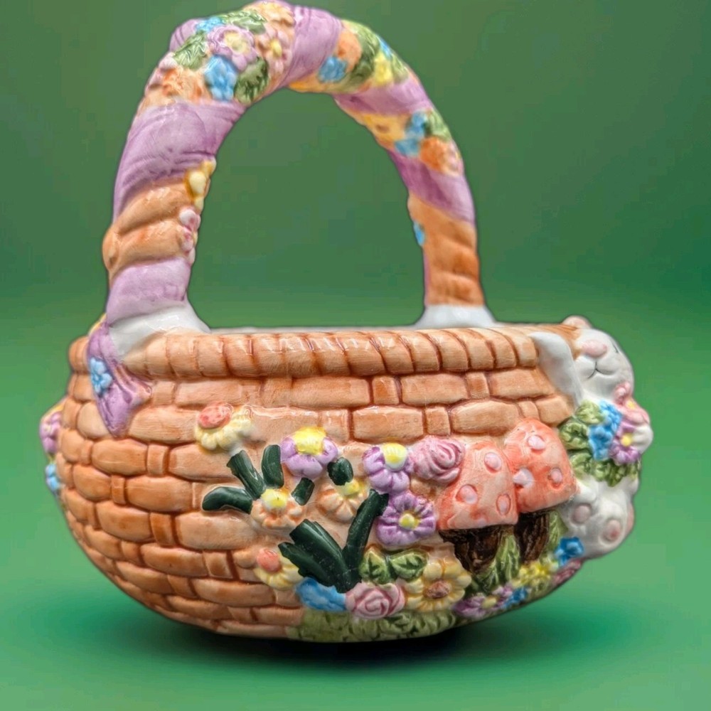 Ceramic Easter Bunny Basket Colorful WCL 7" Tall Decorative Figure & Easter Eggs