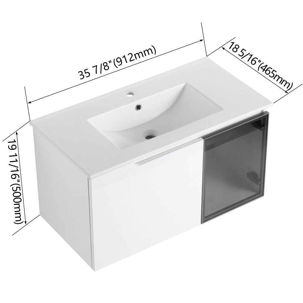 Modern Floating Bathroom Vanity w/ Ceramic Sink & Soft-Close Doors, Glossy White