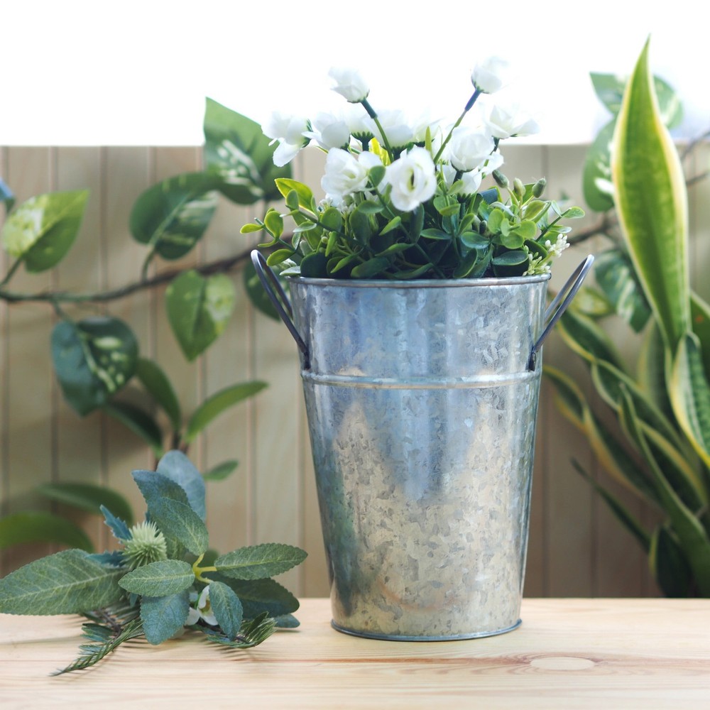 (2 pack Metal Bucket Planter 7'' High Solid Print Gray