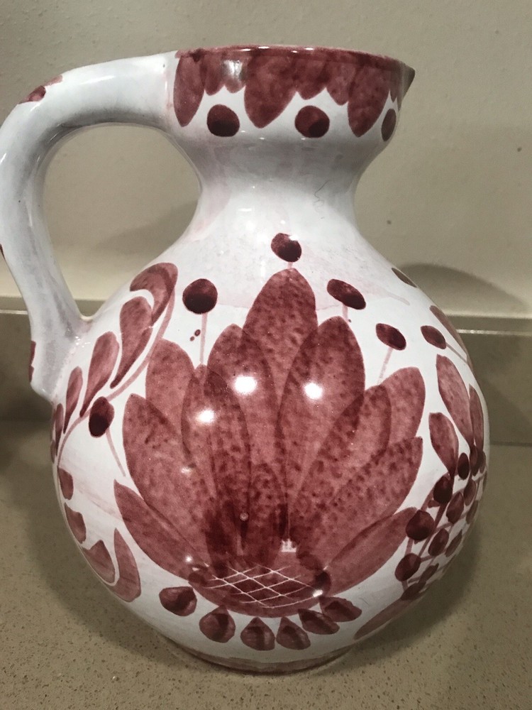 Beautiful Burgandy & White Ceramic Country Pitcher