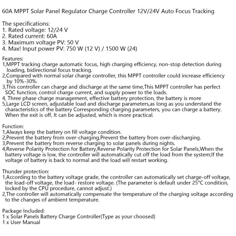 60A MPPT Solar Panel Regulator Charge Controller 12V/24V Auto Focus Tracking,