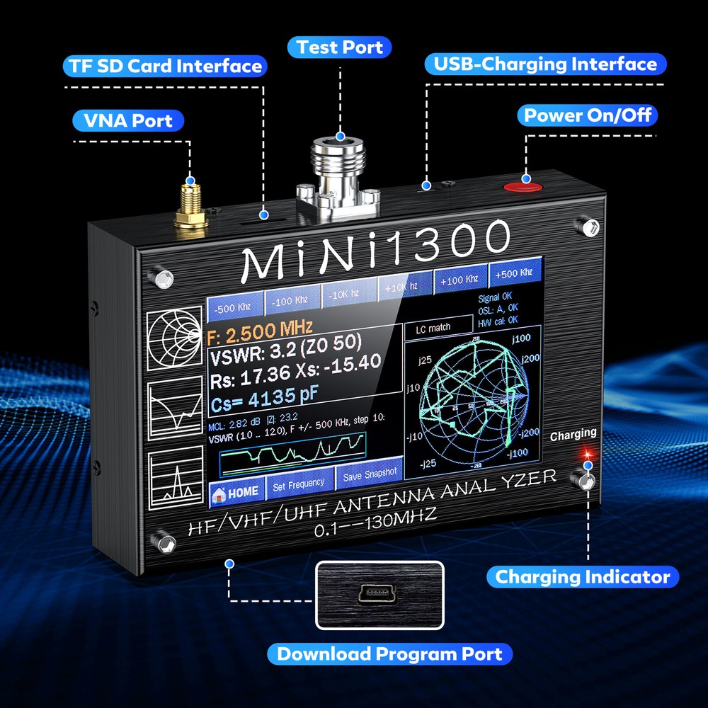 Mini1300 Antenna Analyzer 0.1Mhz~1300MHz Vector Network Analyzer Multitester