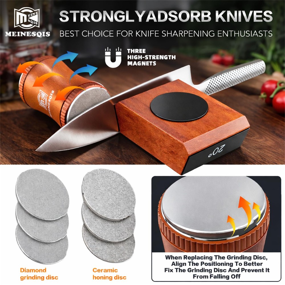 Rolling Knife Sharpener Kit with Diamond & Ceramic Discs, Magnetic Angle Guid...