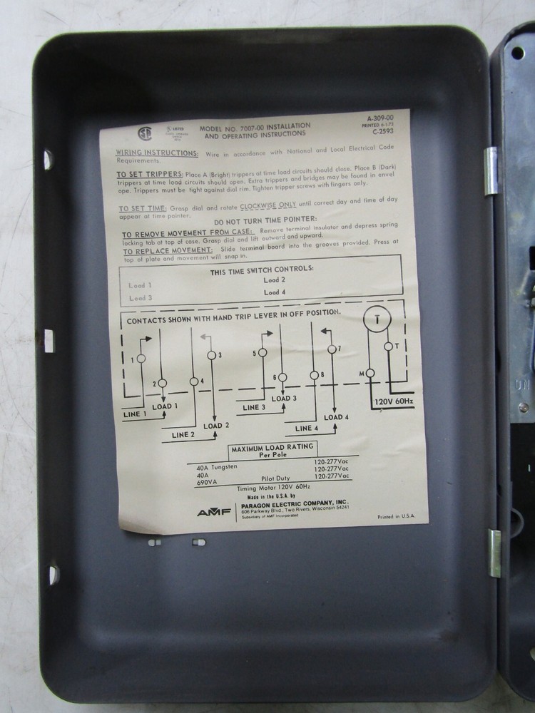 💥PARAGON ELECTRIC TIMER CONTROL 40 AMP 120 VAC 7007-00