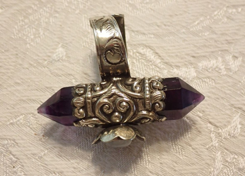 Purple Fluorite double point Ring with Moonstone adjustable